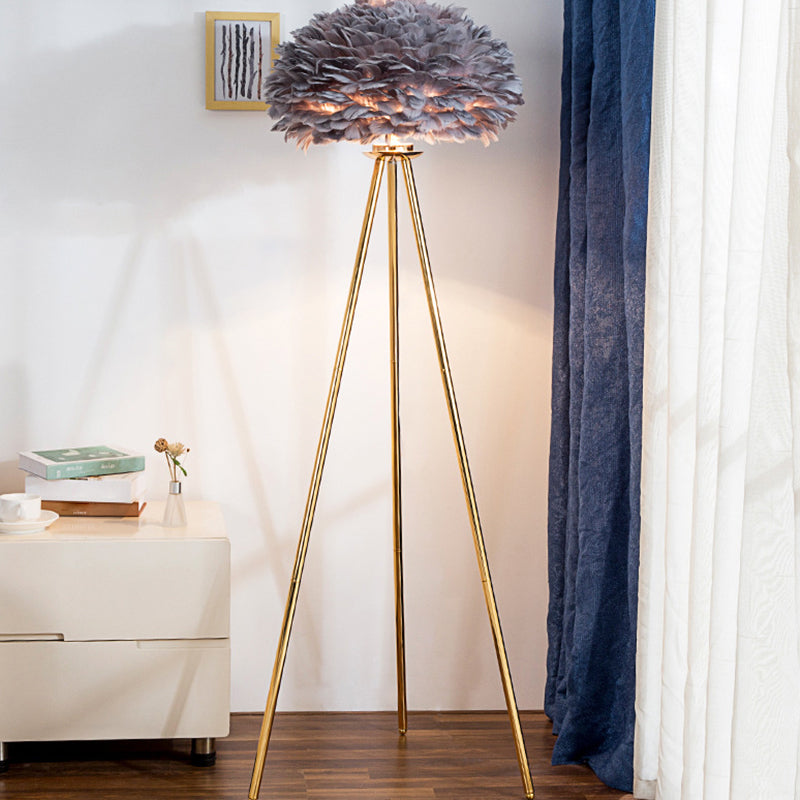 Dome Feather Floor Lamp Minimalist Single Grey/White/Pink Floor Light with Black/White/Gold Tripod for Bedroom Clearhalo 'Floor Lamps' 'Lamps' Lighting' 1986122