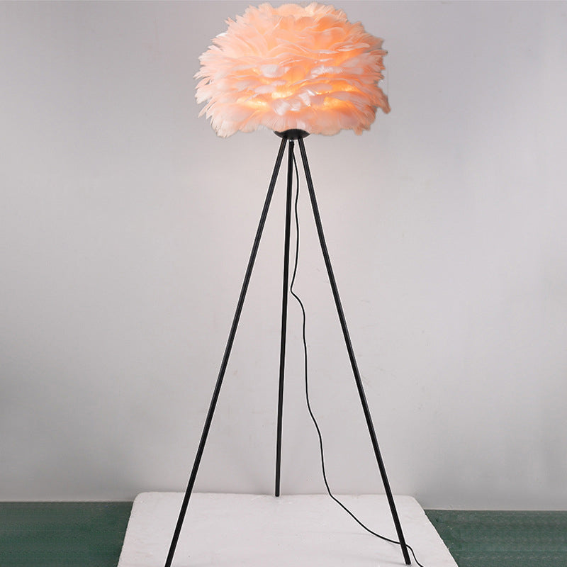 Dome Feather Floor Lamp Minimalist Single Grey/White/Pink Floor Light with Black/White/Gold Tripod for Bedroom Black Pink Clearhalo 'Floor Lamps' 'Lamps' Lighting' 1986125