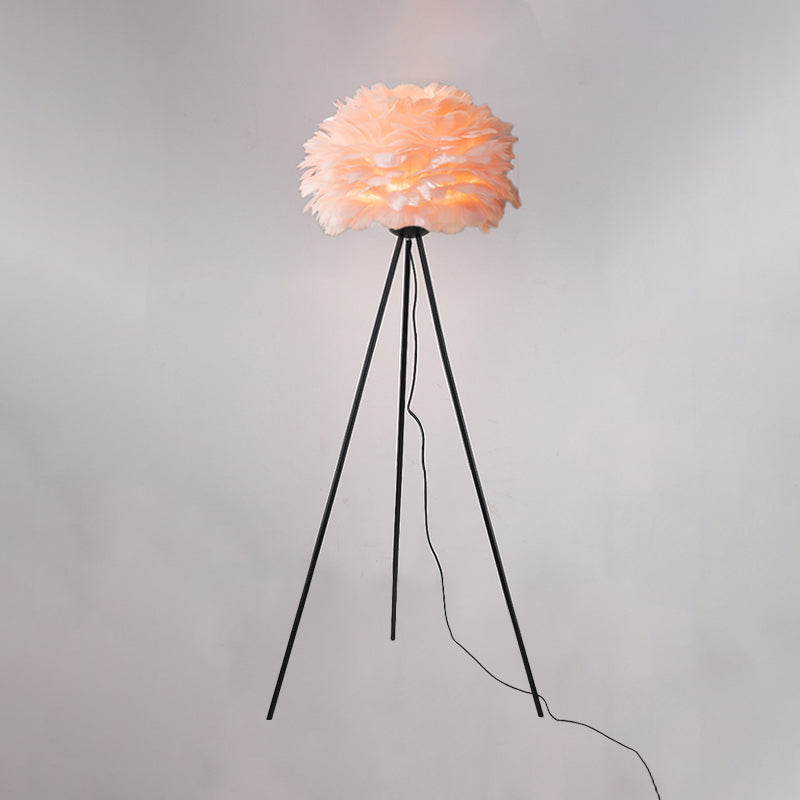 Dome Feather Floor Lamp Minimalist Single Grey/White/Pink Floor Light with Black/White/Gold Tripod for Bedroom Clearhalo 'Floor Lamps' 'Lamps' Lighting' 1986126
