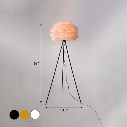 Dome Feather Floor Lamp Minimalist Single Grey/White/Pink Floor Light with Black/White/Gold Tripod for Bedroom Clearhalo 'Floor Lamps' 'Lamps' Lighting' 1986127