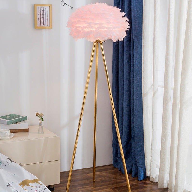 Dome Feather Floor Lamp Minimalist Single Grey/White/Pink Floor Light with Black/White/Gold Tripod for Bedroom Gold Pink Clearhalo 'Floor Lamps' 'Lamps' Lighting' 1986128