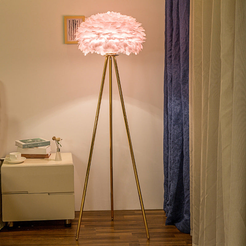 Dome Feather Floor Lamp Minimalist Single Grey/White/Pink Floor Light with Black/White/Gold Tripod for Bedroom Clearhalo 'Floor Lamps' 'Lamps' Lighting' 1986129