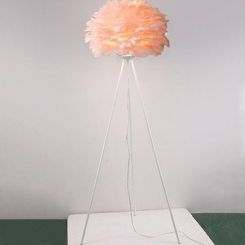 Dome Feather Floor Lamp Minimalist Single Grey/White/Pink Floor Light with Black/White/Gold Tripod for Bedroom White Pink Clearhalo 'Floor Lamps' 'Lamps' Lighting' 1986130