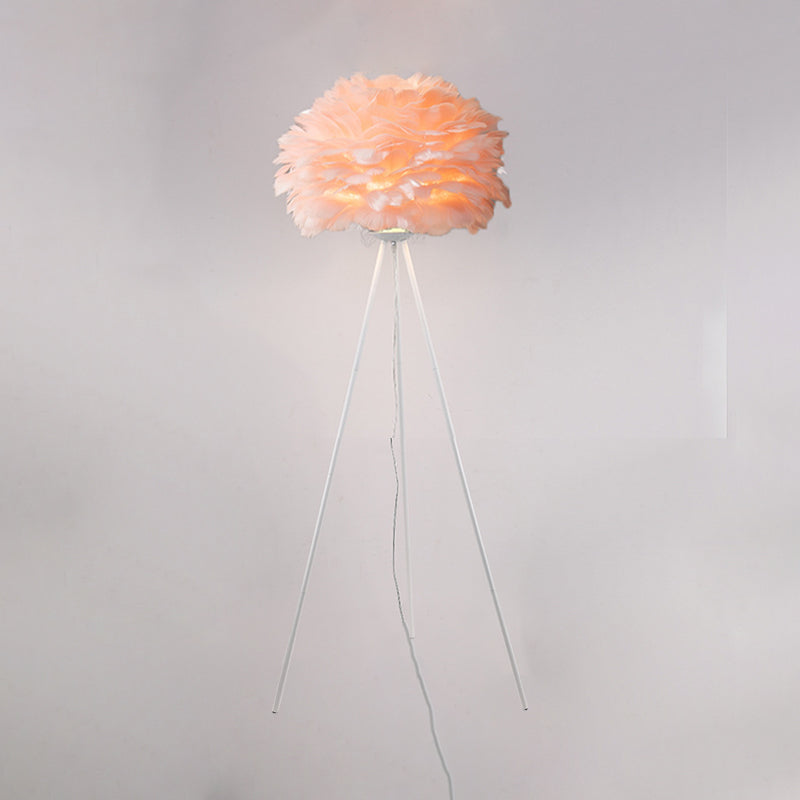 Dome Feather Floor Lamp Minimalist Single Grey/White/Pink Floor Light with Black/White/Gold Tripod for Bedroom Clearhalo 'Floor Lamps' 'Lamps' Lighting' 1986131