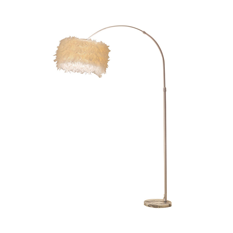 Drum Floor Reading Light Simplicity Feather 1-Light White Gooseneck/Straight Stand Up Lamp with/without Crystal Drape Clearhalo 'Floor Lamps' 'Lamps' Lighting' 1986134