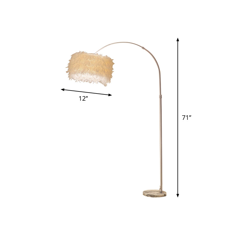 Drum Floor Reading Light Simplicity Feather 1-Light White Gooseneck/Straight Stand Up Lamp with/without Crystal Drape Clearhalo 'Floor Lamps' 'Lamps' Lighting' 1986135