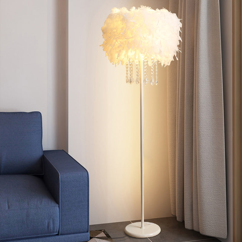 Drum Floor Reading Light Simplicity Feather 1-Light White Gooseneck/Straight Stand Up Lamp with/without Crystal Drape White B Clearhalo 'Floor Lamps' 'Lamps' Lighting' 1986136