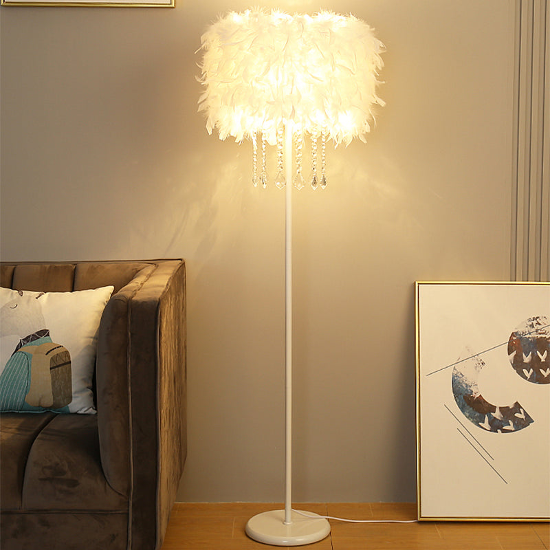 Drum Floor Reading Light Simplicity Feather 1-Light White Gooseneck/Straight Stand Up Lamp with/without Crystal Drape Clearhalo 'Floor Lamps' 'Lamps' Lighting' 1986137