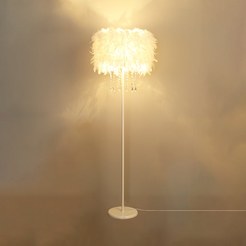 Drum Floor Reading Light Simplicity Feather 1-Light White Gooseneck/Straight Stand Up Lamp with/without Crystal Drape Clearhalo 'Floor Lamps' 'Lamps' Lighting' 1986138