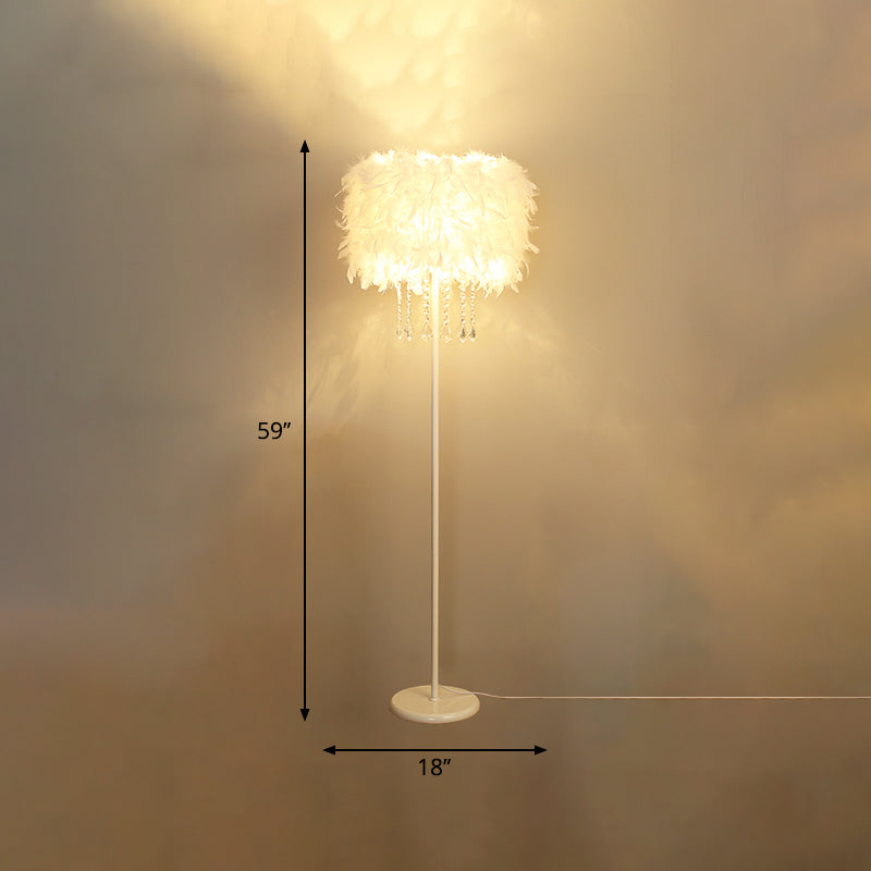 Drum Floor Reading Light Simplicity Feather 1-Light White Gooseneck/Straight Stand Up Lamp with/without Crystal Drape Clearhalo 'Floor Lamps' 'Lamps' Lighting' 1986139