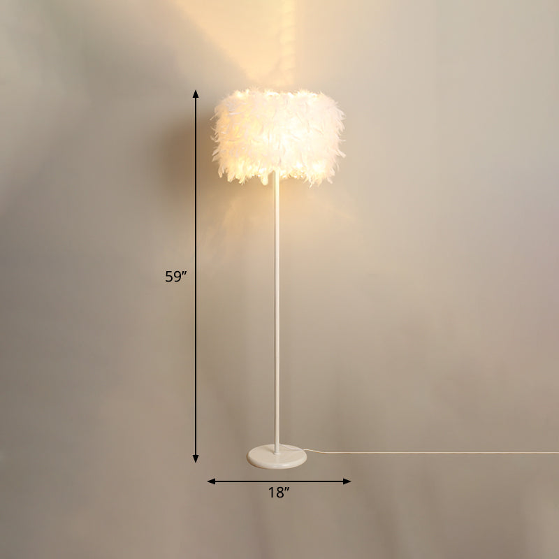 Drum Floor Reading Light Simplicity Feather 1-Light White Gooseneck/Straight Stand Up Lamp with/without Crystal Drape Clearhalo 'Floor Lamps' 'Lamps' Lighting' 1986142