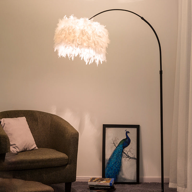 Black/White Drum Floor Lamp Minimalist 1 Head Feather Standing Light with Curved/Straight Lamp Pole Clearhalo 'Floor Lamps' 'Lamps' Lighting' 1986144