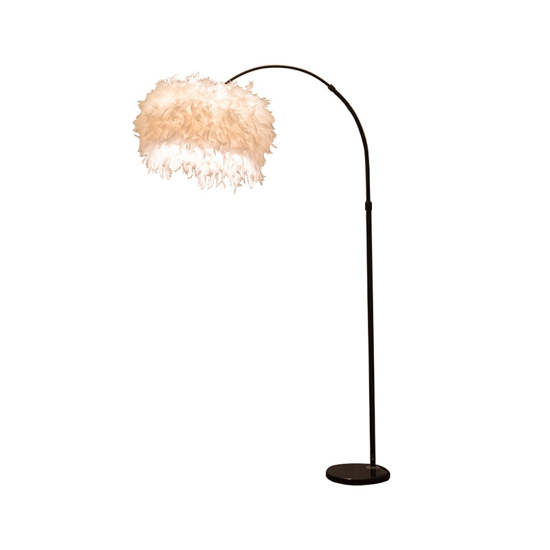Black/White Drum Floor Lamp Minimalist 1 Head Feather Standing Light with Curved/Straight Lamp Pole Clearhalo 'Floor Lamps' 'Lamps' Lighting' 1986146