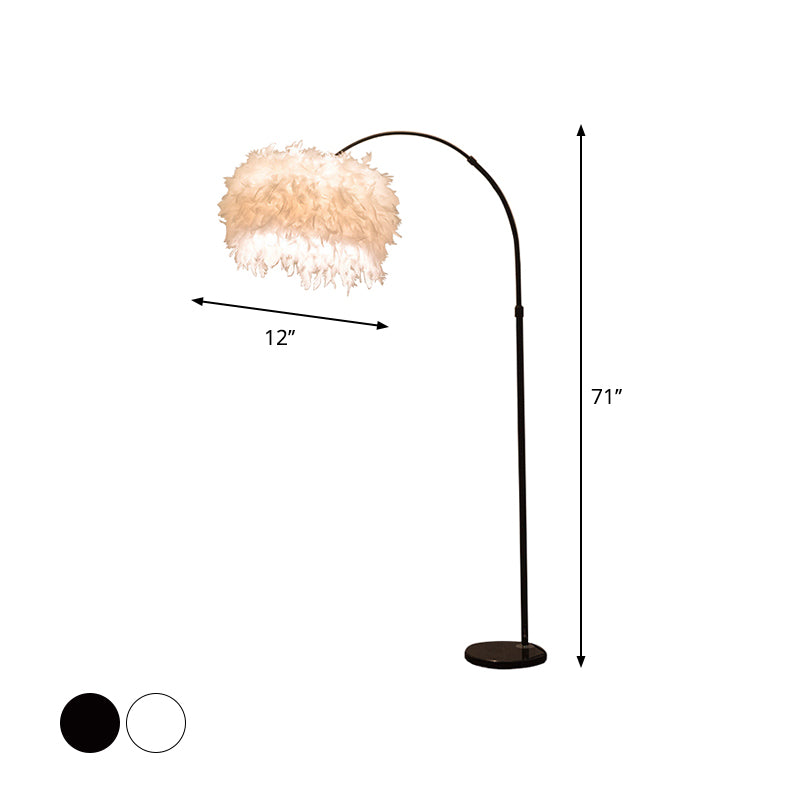 Black/White Drum Floor Lamp Minimalist 1 Head Feather Standing Light with Curved/Straight Lamp Pole Clearhalo 'Floor Lamps' 'Lamps' Lighting' 1986147