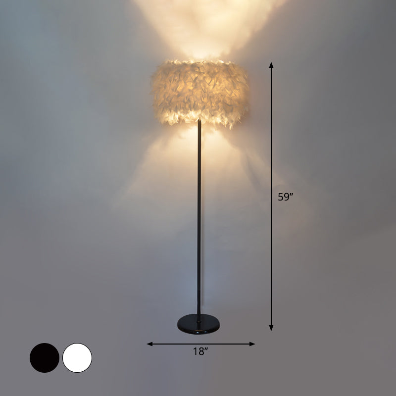 Black/White Drum Floor Lamp Minimalist 1 Head Feather Standing Light with Curved/Straight Lamp Pole Clearhalo 'Floor Lamps' 'Lamps' Lighting' 1986155