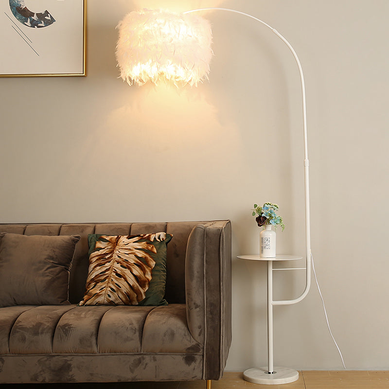 Drum Shaped Feather Standing Lamp Nordic 1-Bulb Black/White Gooseneck Floor Light with/without Tray White B Clearhalo 'Floor Lamps' 'Lamps' Lighting' 1986158