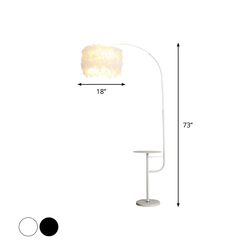 Drum Shaped Feather Standing Lamp Nordic 1-Bulb Black/White Gooseneck Floor Light with/without Tray Clearhalo 'Floor Lamps' 'Lamps' Lighting' 1986161