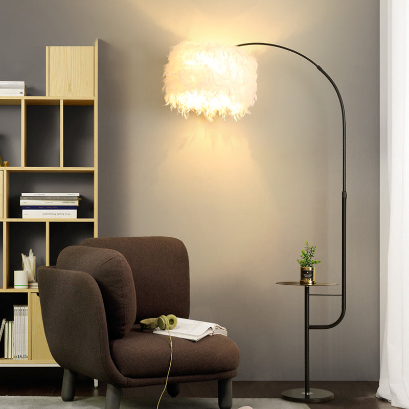 Drum Shaped Feather Standing Lamp Nordic 1-Bulb Black/White Gooseneck Floor Light with/without Tray Black B Clearhalo 'Floor Lamps' 'Lamps' Lighting' 1986162