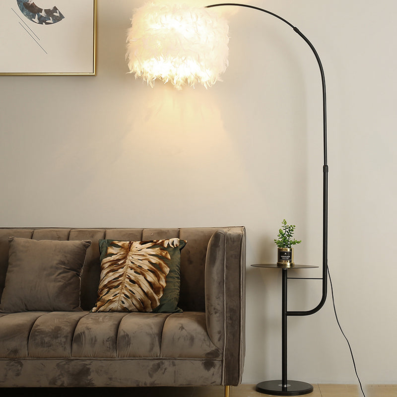 Drum Shaped Feather Standing Lamp Nordic 1-Bulb Black/White Gooseneck Floor Light with/without Tray Clearhalo 'Floor Lamps' 'Lamps' Lighting' 1986163
