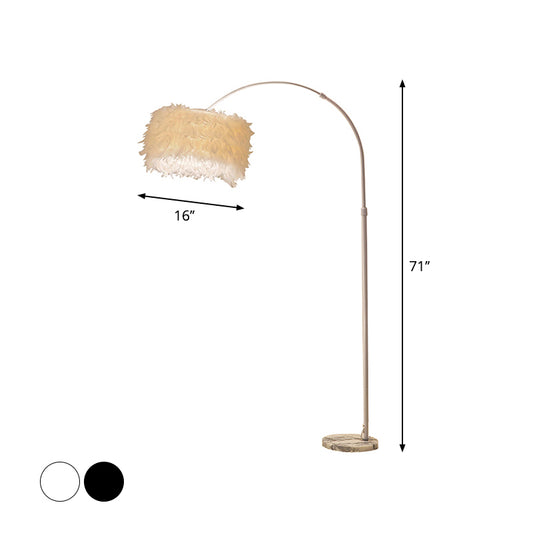 Drum Shaped Feather Standing Lamp Nordic 1-Bulb Black/White Gooseneck Floor Light with/without Tray Clearhalo 'Floor Lamps' 'Lamps' Lighting' 1986169