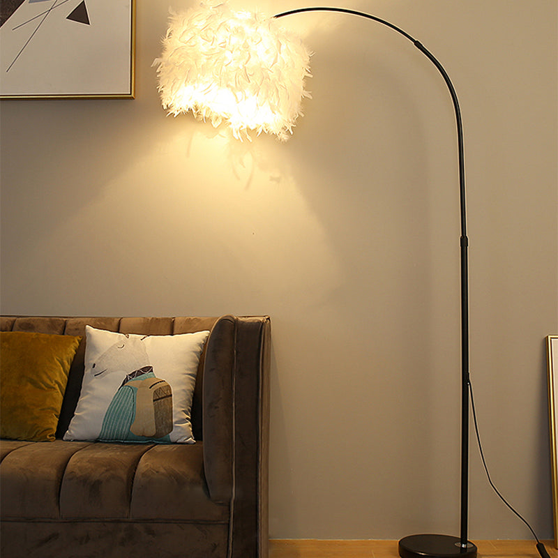 Drum Shaped Feather Standing Lamp Nordic 1-Bulb Black/White Gooseneck Floor Light with/without Tray Black A Clearhalo 'Floor Lamps' 'Lamps' Lighting' 1986170