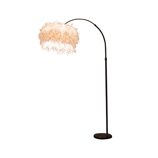 Drum Shaped Feather Standing Lamp Nordic 1-Bulb Black/White Gooseneck Floor Light with/without Tray Clearhalo 'Floor Lamps' 'Lamps' Lighting' 1986173