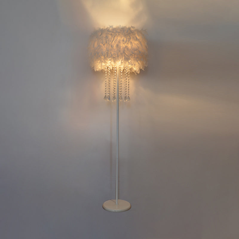 Drum Bedside Floor Lamp Feather 1-Light Modernist Stand Up Lamp in White with/without Crystal Drop White with Crystal Clearhalo 'Floor Lamps' 'Lamps' Lighting' 1986174