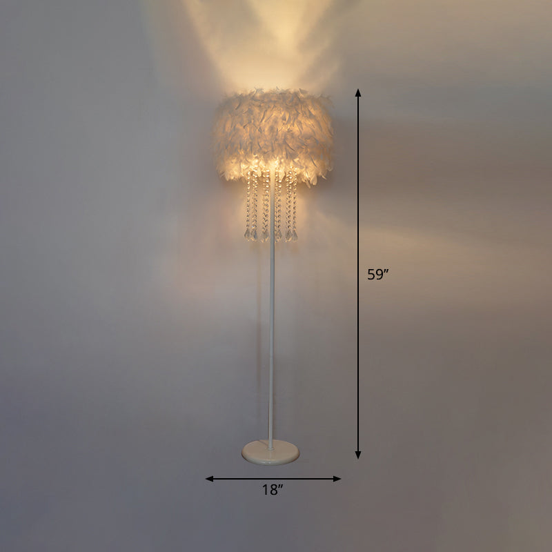 Drum Bedside Floor Lamp Feather 1-Light Modernist Stand Up Lamp in White with/without Crystal Drop Clearhalo 'Floor Lamps' 'Lamps' Lighting' 1986176