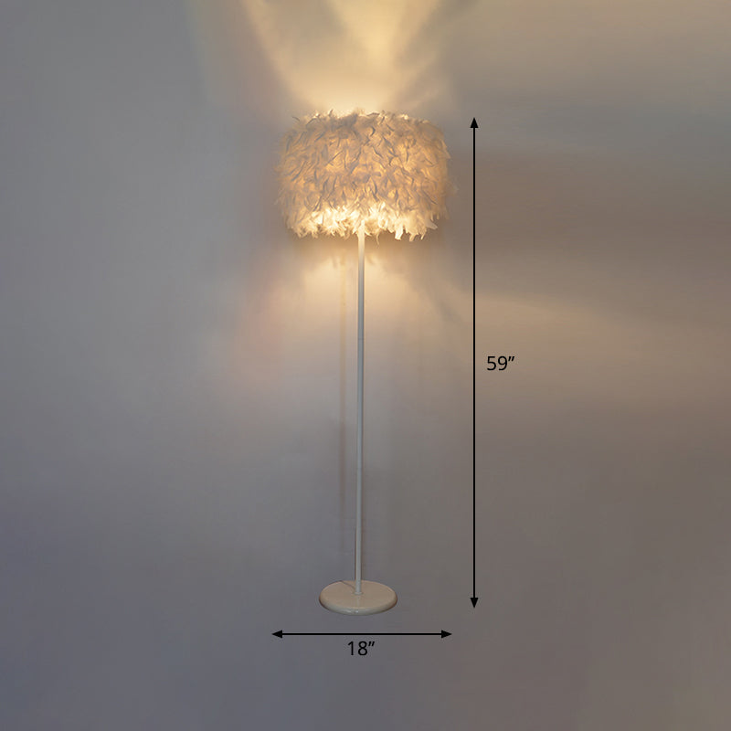 Drum Bedside Floor Lamp Feather 1-Light Modernist Stand Up Lamp in White with/without Crystal Drop Clearhalo 'Floor Lamps' 'Lamps' Lighting' 1986179
