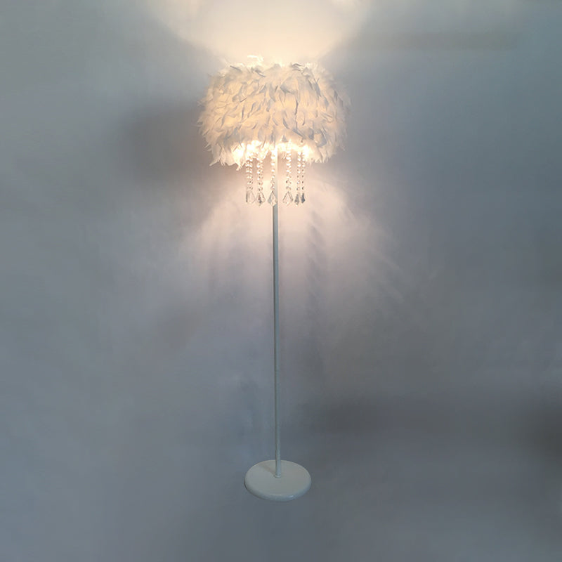 Feather Drum Standing Floor Light Modern 16"/18" W 1 Head White Floor Lamp with/without Draping Crystal White 18" with Crystal Clearhalo 'Floor Lamps' 'Lamps' Lighting' 1986180
