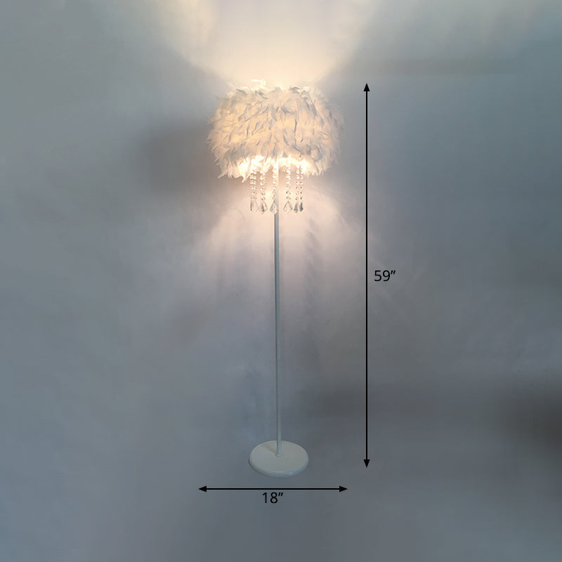 Feather Drum Standing Floor Light Modern 16"/18" W 1 Head White Floor Lamp with/without Draping Crystal Clearhalo 'Floor Lamps' 'Lamps' Lighting' 1986182
