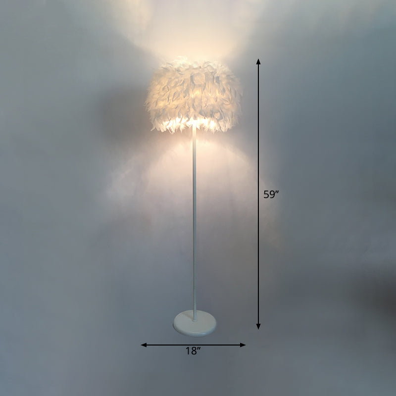 Feather Drum Standing Floor Light Modern 16"/18" W 1 Head White Floor Lamp with/without Draping Crystal Clearhalo 'Floor Lamps' 'Lamps' Lighting' 1986185