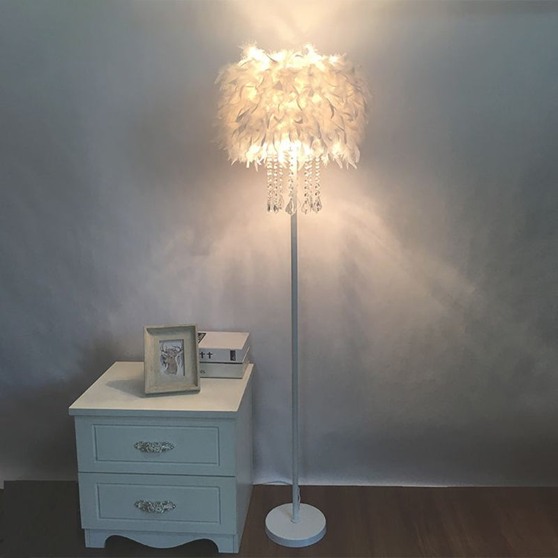 Feather Drum Standing Floor Light Modern 16"/18" W 1 Head White Floor Lamp with/without Draping Crystal White 16" with Crystal Clearhalo 'Floor Lamps' 'Lamps' Lighting' 1986189