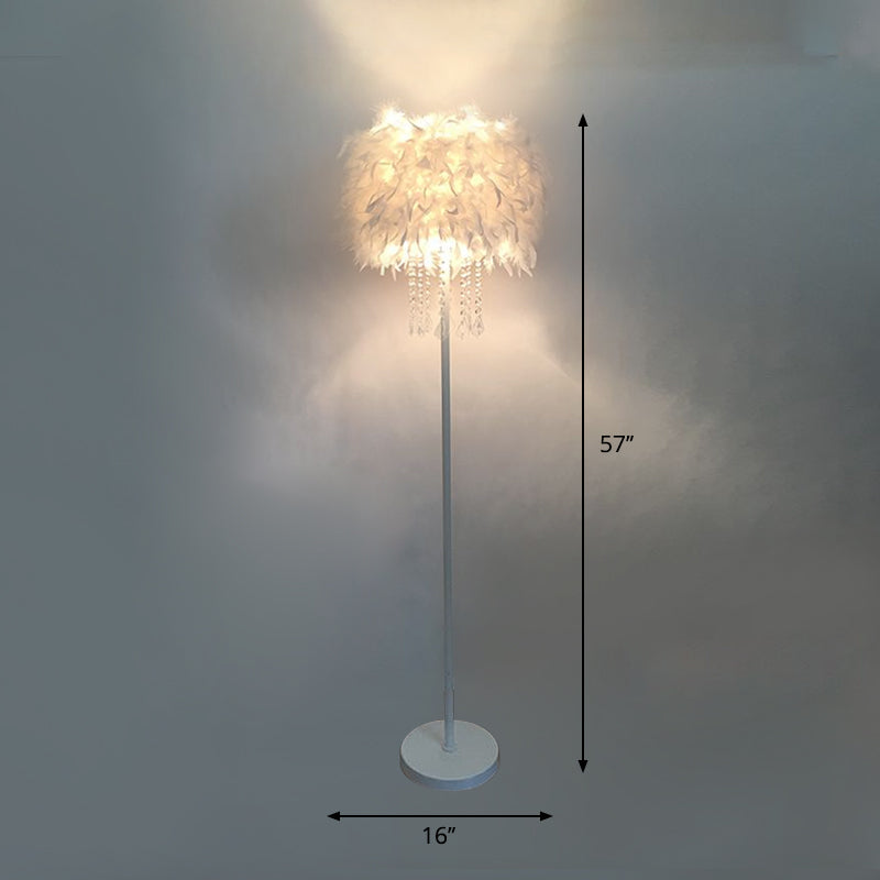 Feather Drum Standing Floor Light Modern 16"/18" W 1 Head White Floor Lamp with/without Draping Crystal Clearhalo 'Floor Lamps' 'Lamps' Lighting' 1986191