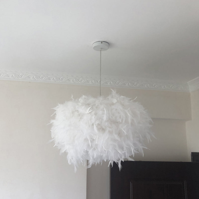 Hand-Worked Hemispherical Pendant Lamp Nordic Feather 1 Bulb White Hanging Light Kit, 11"/15"/19.5" W White 19.5" Clearhalo 'Ceiling Lights' 'Modern Pendants' 'Modern' 'Pendant Lights' 'Pendants' Lighting' 1986192