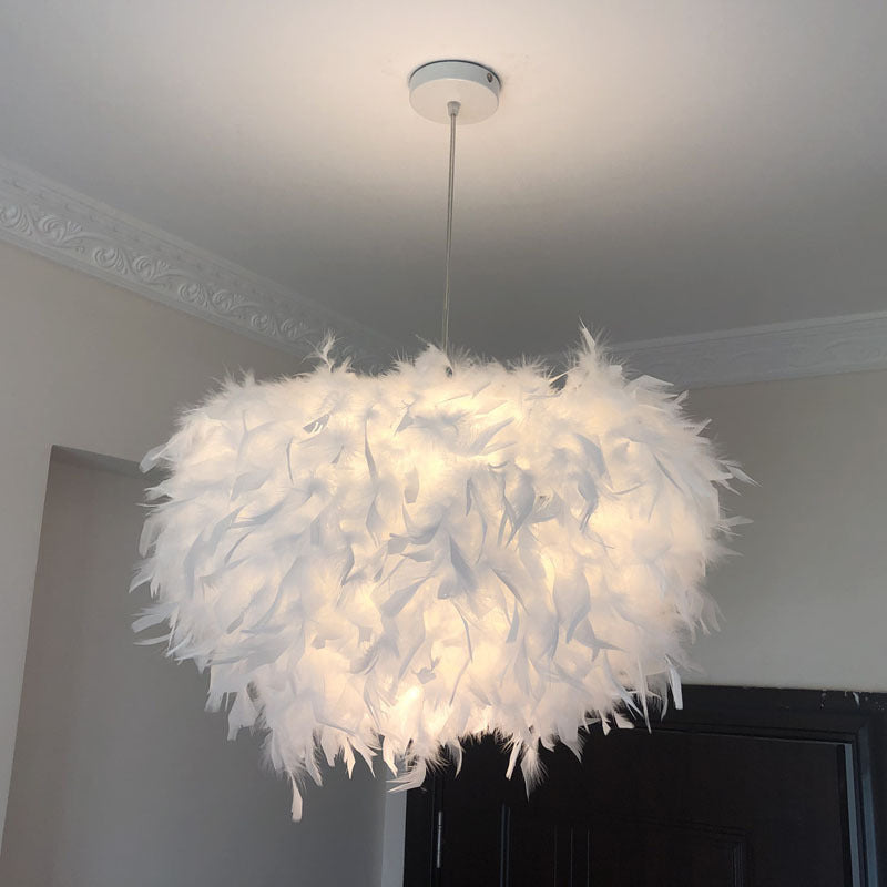 Hand-Worked Hemispherical Pendant Lamp Nordic Feather 1 Bulb White Hanging Light Kit, 11"/15"/19.5" W Clearhalo 'Ceiling Lights' 'Modern Pendants' 'Modern' 'Pendant Lights' 'Pendants' Lighting' 1986193