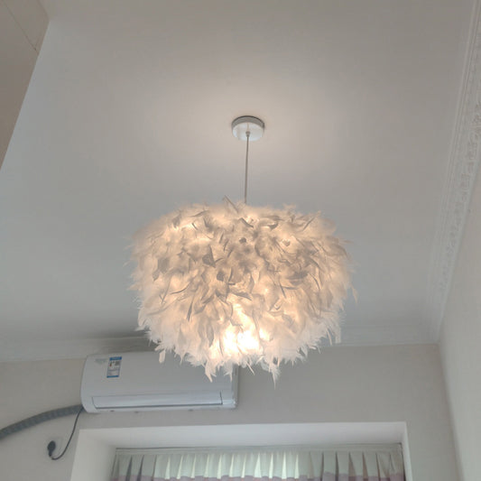 Hand-Worked Hemispherical Pendant Lamp Nordic Feather 1 Bulb White Hanging Light Kit, 11"/15"/19.5" W Clearhalo 'Ceiling Lights' 'Modern Pendants' 'Modern' 'Pendant Lights' 'Pendants' Lighting' 1986194