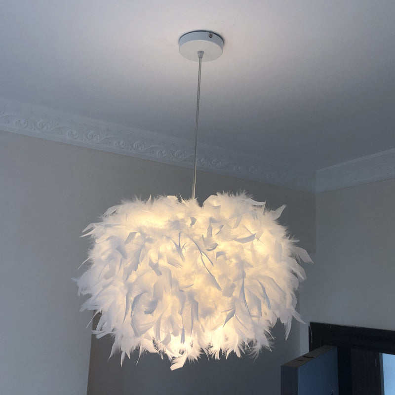 Hand-Worked Hemispherical Pendant Lamp Nordic Feather 1 Bulb White Hanging Light Kit, 11"/15"/19.5" W White 15" Clearhalo 'Ceiling Lights' 'Modern Pendants' 'Modern' 'Pendant Lights' 'Pendants' Lighting' 1986197