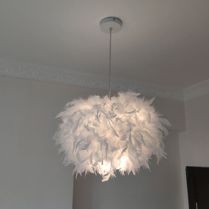 Hand-Worked Hemispherical Pendant Lamp Nordic Feather 1 Bulb White Hanging Light Kit, 11"/15"/19.5" W Clearhalo 'Ceiling Lights' 'Modern Pendants' 'Modern' 'Pendant Lights' 'Pendants' Lighting' 1986198