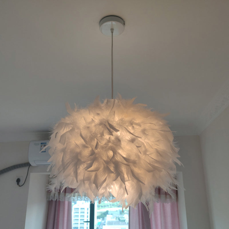 Hand-Worked Hemispherical Pendant Lamp Nordic Feather 1 Bulb White Hanging Light Kit, 11"/15"/19.5" W Clearhalo 'Ceiling Lights' 'Modern Pendants' 'Modern' 'Pendant Lights' 'Pendants' Lighting' 1986199
