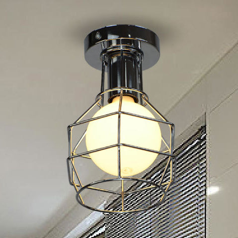 Antique Stylish Wire Guard Semi Mount Lighting 1 Head Wrought Iron Mini Ceiling Light in White/Gold for Corridor Clearhalo 'Ceiling Lights' 'Close To Ceiling Lights' 'Close to ceiling' 'Semi-flushmount' Lighting' 19862