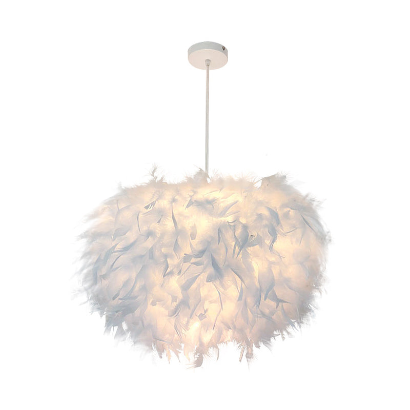 Hand-Worked Hemispherical Pendant Lamp Nordic Feather 1 Bulb White Hanging Light Kit, 11"/15"/19.5" W Clearhalo 'Ceiling Lights' 'Modern Pendants' 'Modern' 'Pendant Lights' 'Pendants' Lighting' 1986200