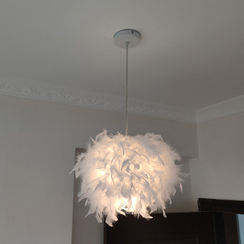 Hand-Worked Hemispherical Pendant Lamp Nordic Feather 1 Bulb White Hanging Light Kit, 11"/15"/19.5" W White 11" Clearhalo 'Ceiling Lights' 'Modern Pendants' 'Modern' 'Pendant Lights' 'Pendants' Lighting' 1986202