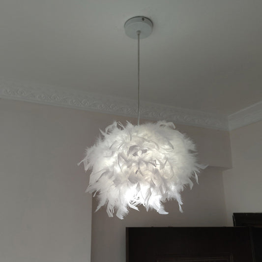 Hand-Worked Hemispherical Pendant Lamp Nordic Feather 1 Bulb White Hanging Light Kit, 11"/15"/19.5" W Clearhalo 'Ceiling Lights' 'Modern Pendants' 'Modern' 'Pendant Lights' 'Pendants' Lighting' 1986203