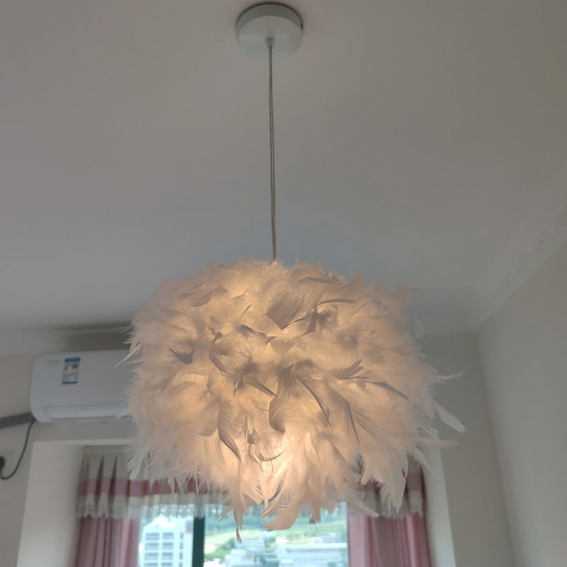 Hand-Worked Hemispherical Pendant Lamp Nordic Feather 1 Bulb White Hanging Light Kit, 11"/15"/19.5" W Clearhalo 'Ceiling Lights' 'Modern Pendants' 'Modern' 'Pendant Lights' 'Pendants' Lighting' 1986204