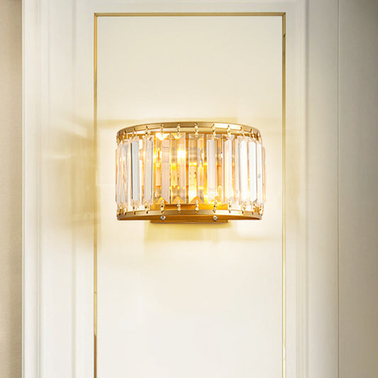Postmodern 1 Head Wall Lamp Gold Cylindrical/Half-Drum Sconce Light with Prismatic Crystal Shade Gold A Clearhalo 'Cast Iron' 'Glass' 'Industrial' 'Modern wall lights' 'Modern' 'Tiffany' 'Traditional wall lights' 'Wall Lamps & Sconces' 'Wall Lights' Lighting' 1986255