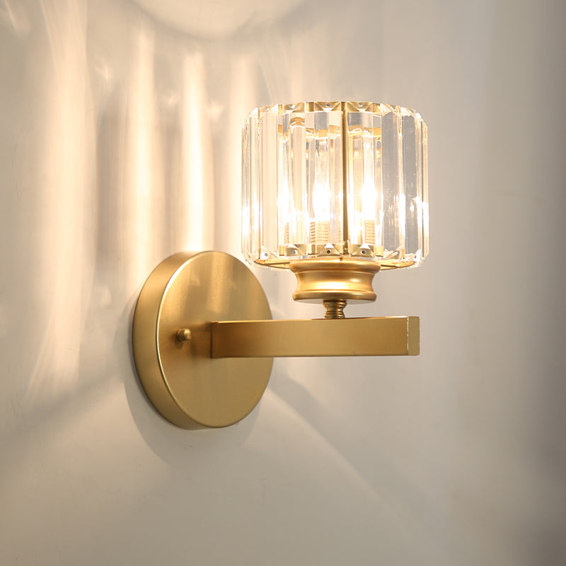 Postmodern 1 Head Wall Lamp Gold Cylindrical/Half-Drum Sconce Light with Prismatic Crystal Shade Clearhalo 'Cast Iron' 'Glass' 'Industrial' 'Modern wall lights' 'Modern' 'Tiffany' 'Traditional wall lights' 'Wall Lamps & Sconces' 'Wall Lights' Lighting' 1986265