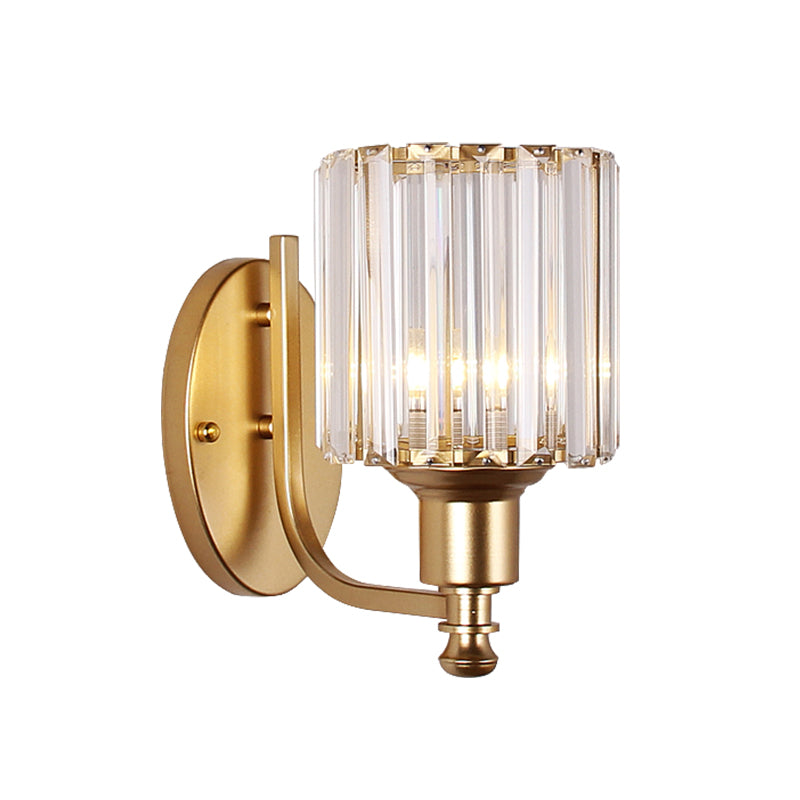 Postmodern 1 Head Wall Lamp Gold Cylindrical/Half-Drum Sconce Light with Prismatic Crystal Shade Clearhalo 'Cast Iron' 'Glass' 'Industrial' 'Modern wall lights' 'Modern' 'Tiffany' 'Traditional wall lights' 'Wall Lamps & Sconces' 'Wall Lights' Lighting' 1986269