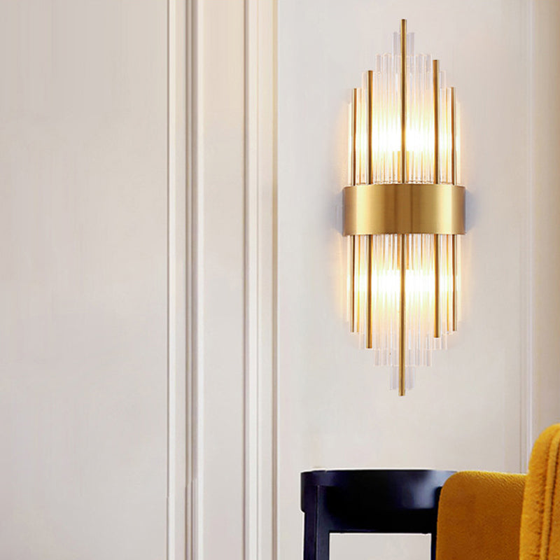 Cylinder/Tapered Wall Light Fixture Postmodern Prismatic/Fluted Crystal 2-Light Living Room Flush Mount Wall Sconce in Gold Gold A Clearhalo 'Cast Iron' 'Glass' 'Industrial' 'Modern wall lights' 'Modern' 'Tiffany' 'Traditional wall lights' 'Wall Lamps & Sconces' 'Wall Lights' Lighting' 1986281