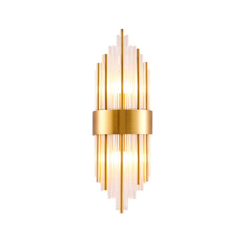 Cylinder/Tapered Wall Light Fixture Postmodern Prismatic/Fluted Crystal 2-Light Living Room Flush Mount Wall Sconce in Gold Clearhalo 'Cast Iron' 'Glass' 'Industrial' 'Modern wall lights' 'Modern' 'Tiffany' 'Traditional wall lights' 'Wall Lamps & Sconces' 'Wall Lights' Lighting' 1986282